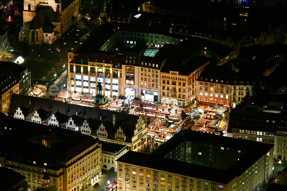 Aerial photograph at night Leipzig - Night lighting Town Hall building of the City Council at the market downtown in the district Mitte in Leipzig in the state Saxony