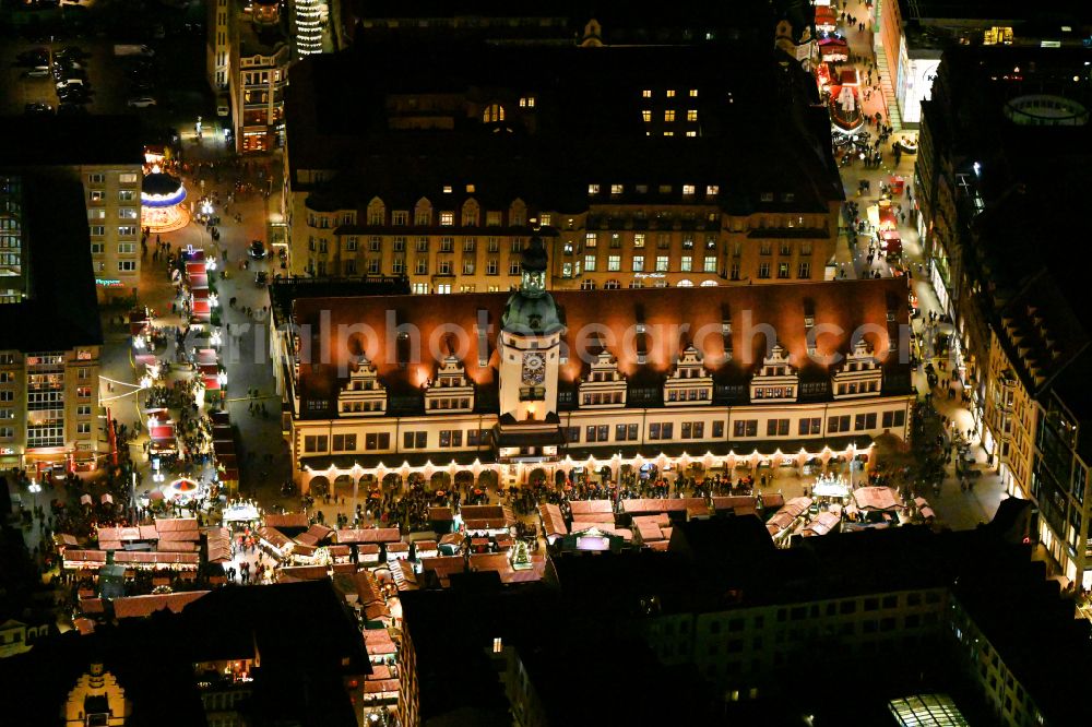 Aerial image at night Leipzig - Night lighting Town Hall building of the City Council at the market downtown in the district Mitte in Leipzig in the state Saxony