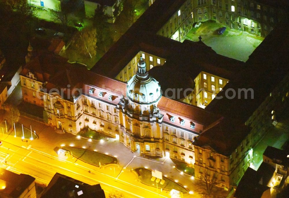 Aerial image at night Potsdam - Night lighting Town Hall building of the city administration on Friedrich-Ebert-Strasse in the district Innenstadt in Potsdam in the state Brandenburg, Germany