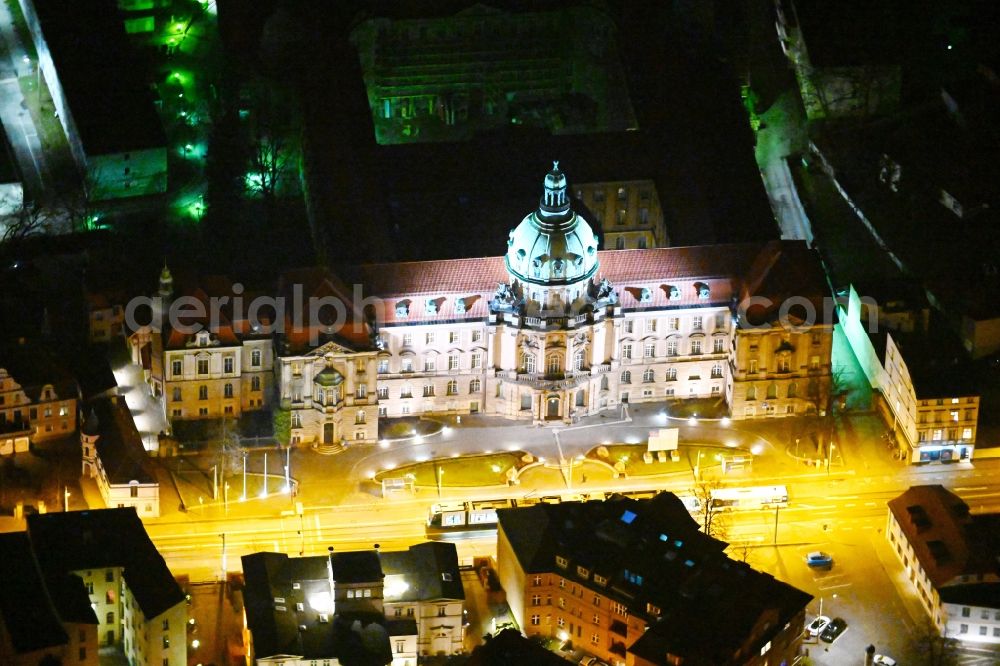 Aerial photograph at night Potsdam - Night lighting town Hall building of the city administration on Friedrich-Ebert-Strasse in Potsdam in the state Brandenburg, Germany