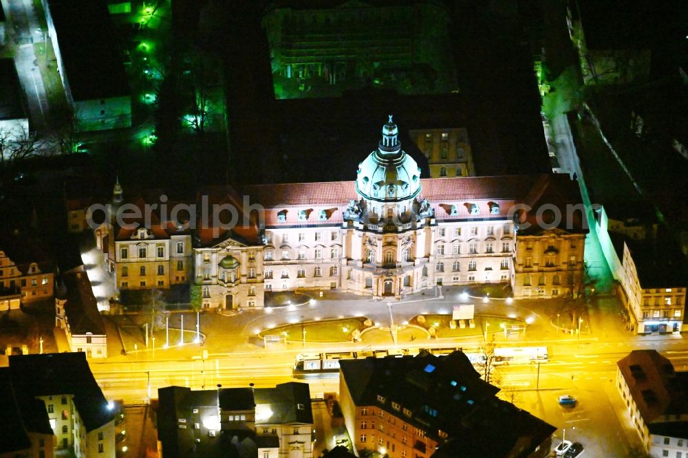 Aerial image at night Potsdam - Night lighting town Hall building of the city administration on Friedrich-Ebert-Strasse in Potsdam in the state Brandenburg, Germany