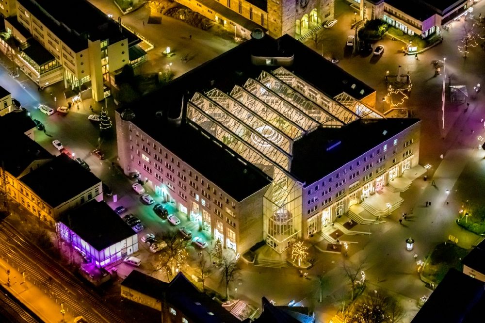 Unna at night from above - Night lighting town Hall building of the city administration on Rathausplatz - Katharinenplatz in Unna in the state North Rhine-Westphalia, Germany