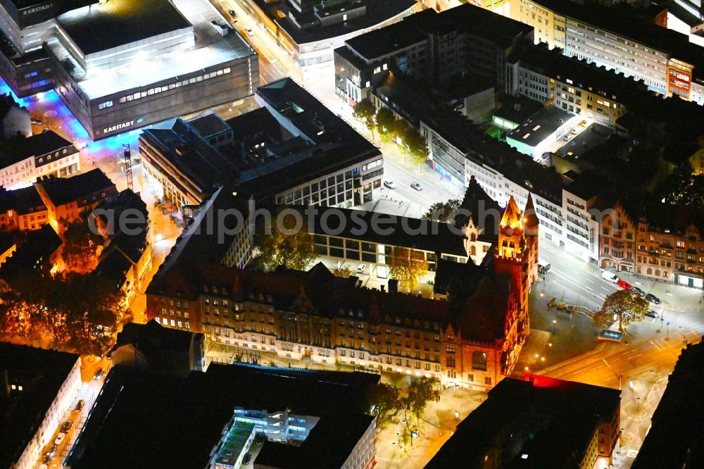 Saarbrücken at night from above - Night lighting town Hall building of the city administration on Rathausplatz in the district Sankt Johann in Saarbruecken in the state Saarland, Germany