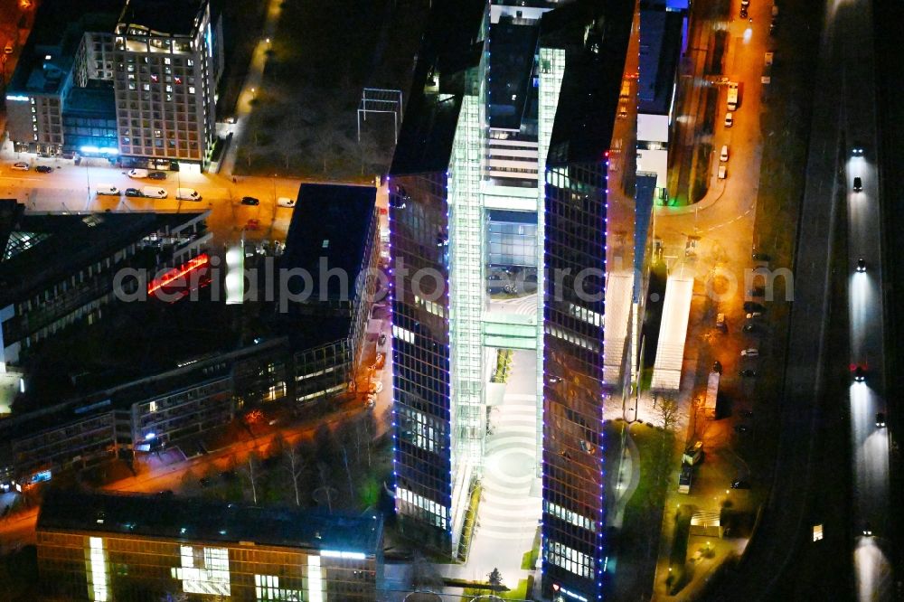 Aerial photograph at night München - Night lighting high-rise building complex HighLight Towers on corner Mies-van-der-Rohe- und Walter-Gropius-Strasse in the district Schwabing-Freimann in Munich in the state Bavaria, Germany
