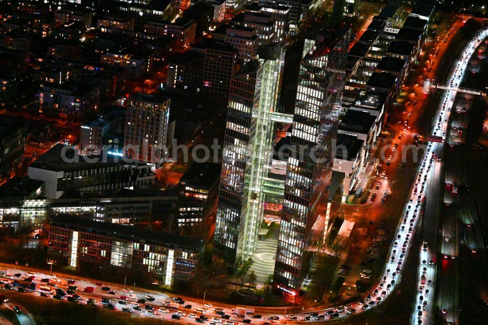 Aerial photograph at night München - Night lighting high-rise building complex HighLight Towers on corner Mies-van-der-Rohe- und Walter-Gropius-Strasse in the district Schwabing-Freimann in Munich in the state Bavaria, Germany