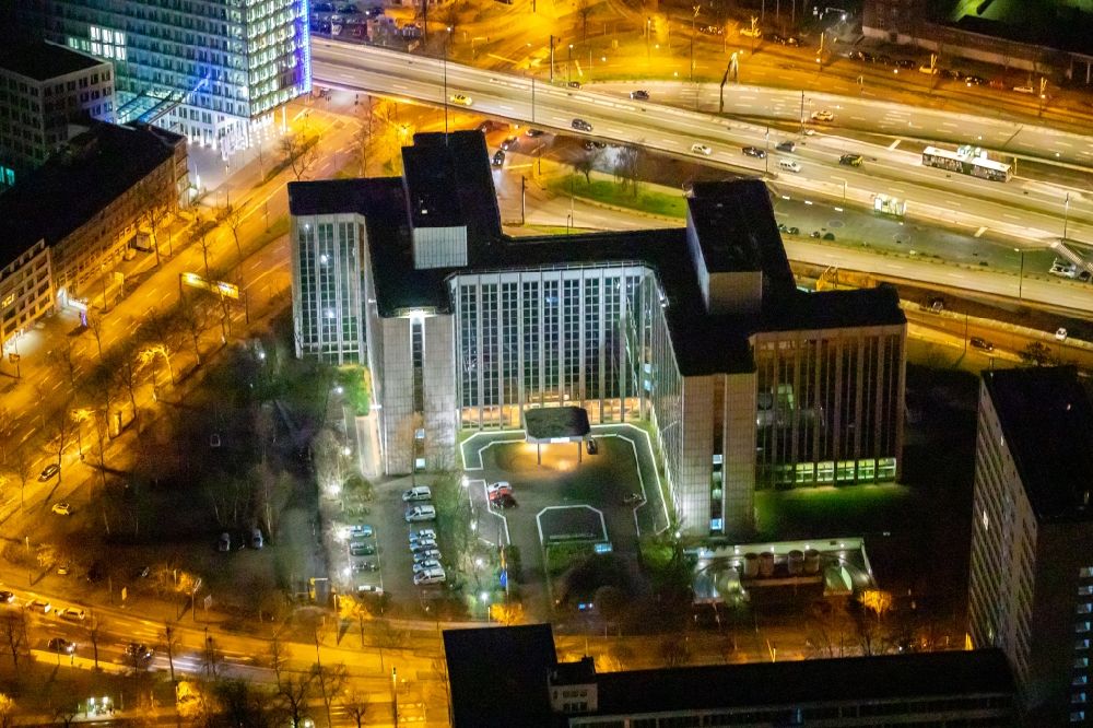 Düsseldorf at night from above - Night lighting building complex of the police Polizeipraesidium on Haroldstrasse in the district Carlstadt in Duesseldorf in the state North Rhine-Westphalia, Germany
