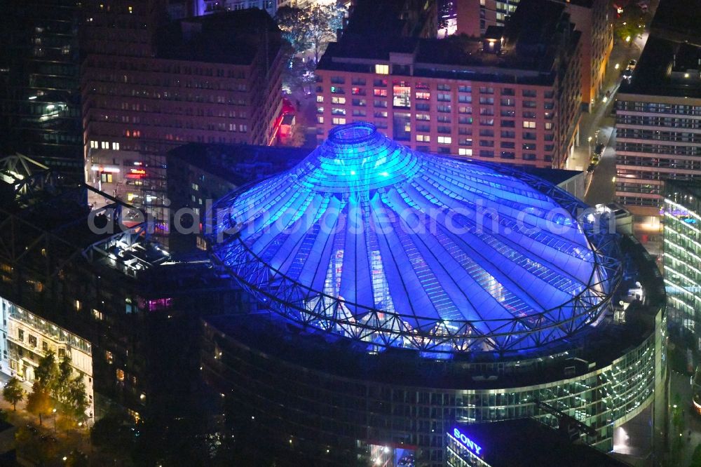 Aerial image at night Berlin - Night view of the complex with its high-rise building Sony Center at Potsdamer Platz