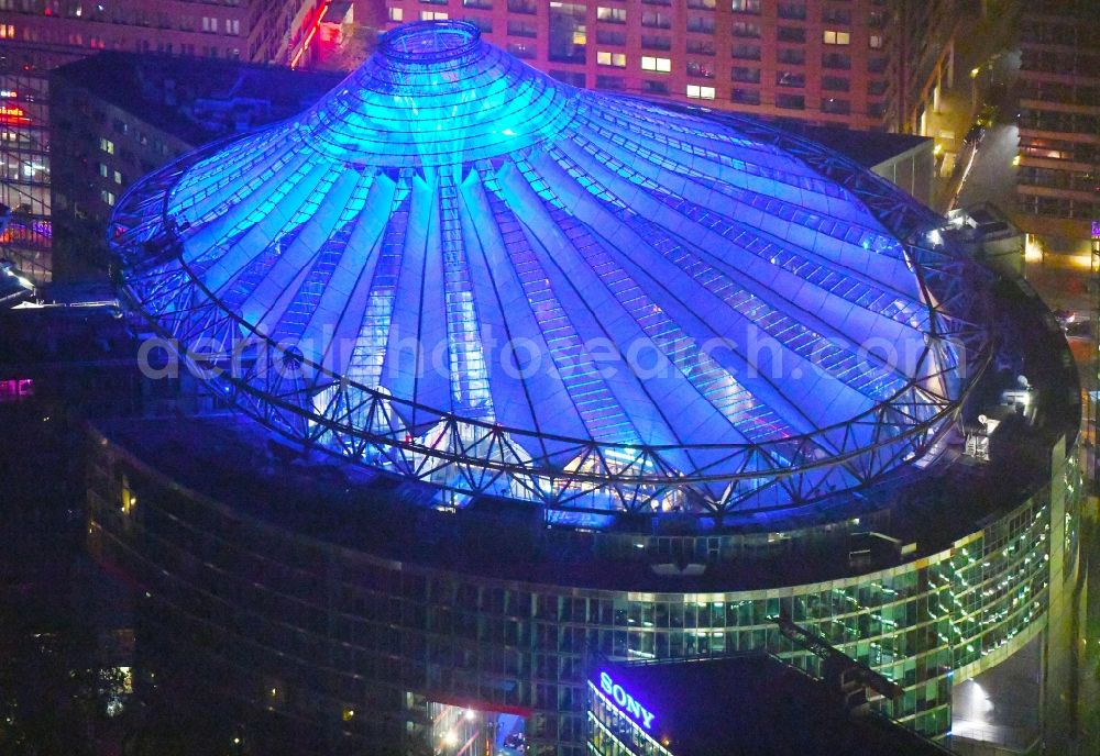 Aerial photograph at night Berlin - Night view of the complex with its high-rise building Sony Center at Potsdamer Platz