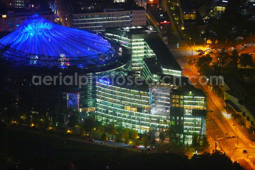 Berlin at night from above - Night view of the complex with its high-rise building Sony Center at Potsdamer Platz