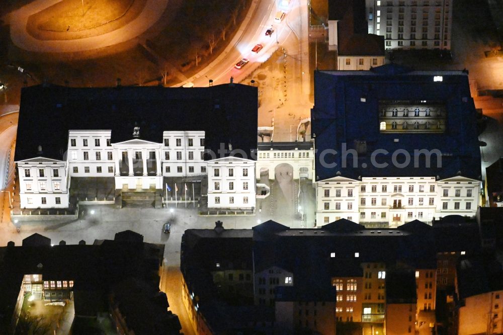 Schwerin at night from above - Night lighting building complex of the Staatskanzlei on Schlossstrasse in Schwerin in the state Mecklenburg - Western Pomerania, Germany