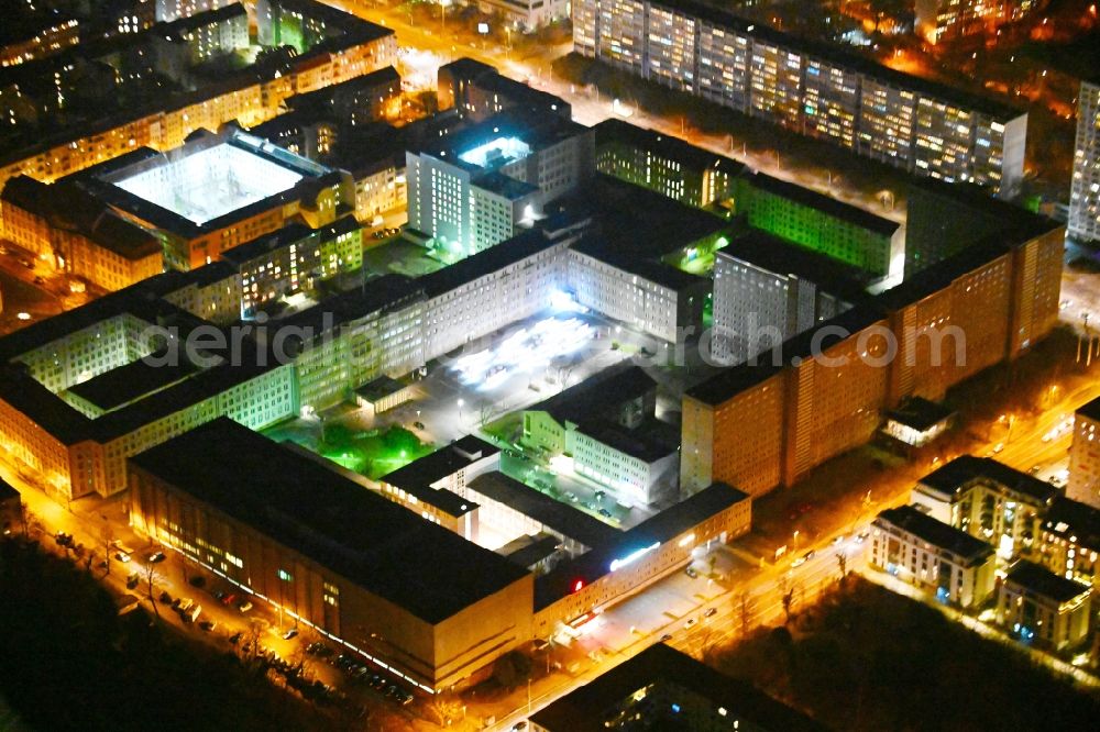 Aerial photograph at night Berlin - Night lighting building complex of the Stasi memorial of the former MfS Ministry for State Security of the GDR in the district Lichtenberg in Berlin, Germany