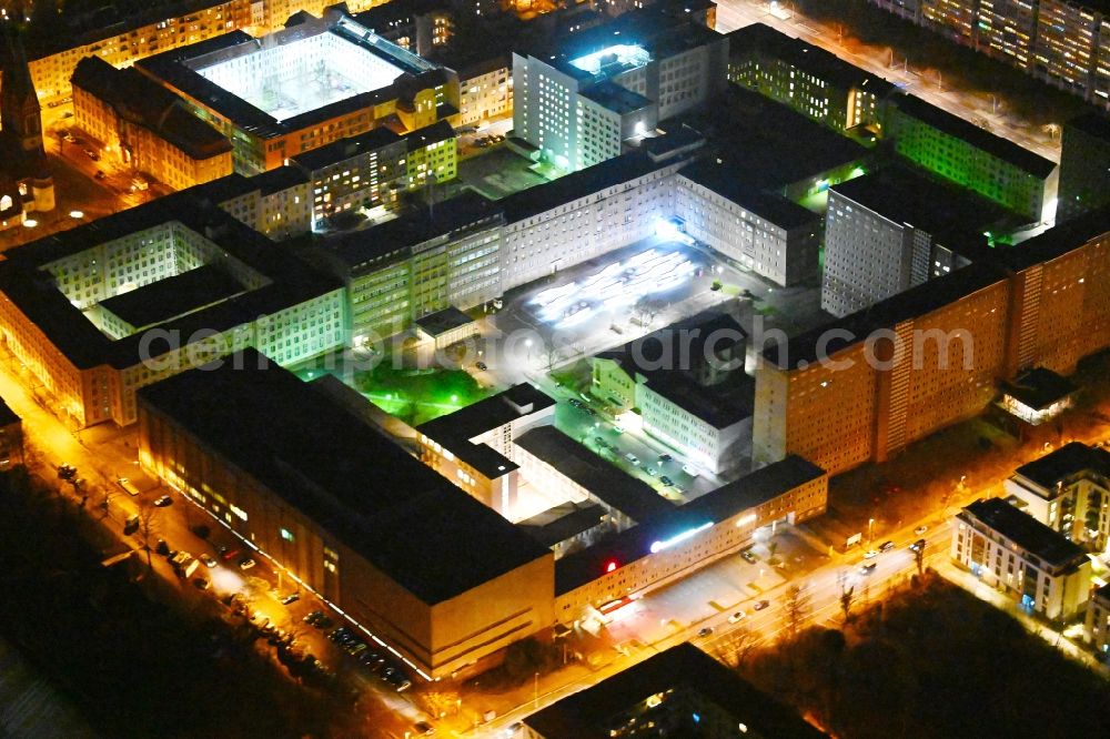 Aerial image at night Berlin - Night lighting building complex of the Stasi memorial of the former MfS Ministry for State Security of the GDR in the district Lichtenberg in Berlin, Germany