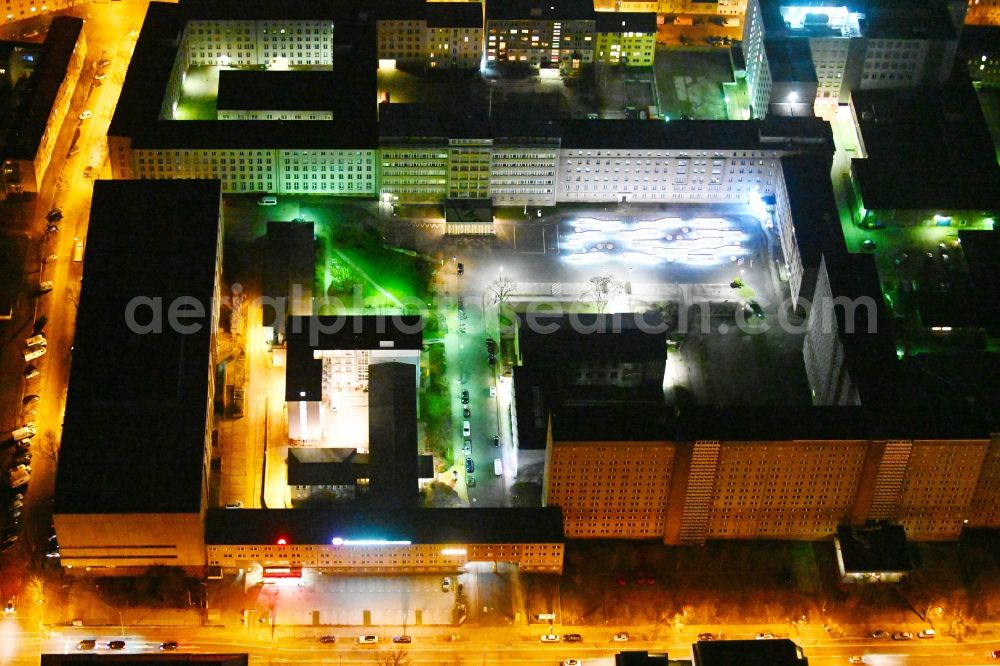 Aerial image at night Berlin - Night lighting building complex of the Stasi memorial of the former MfS Ministry for State Security of the GDR in the district Lichtenberg in Berlin, Germany