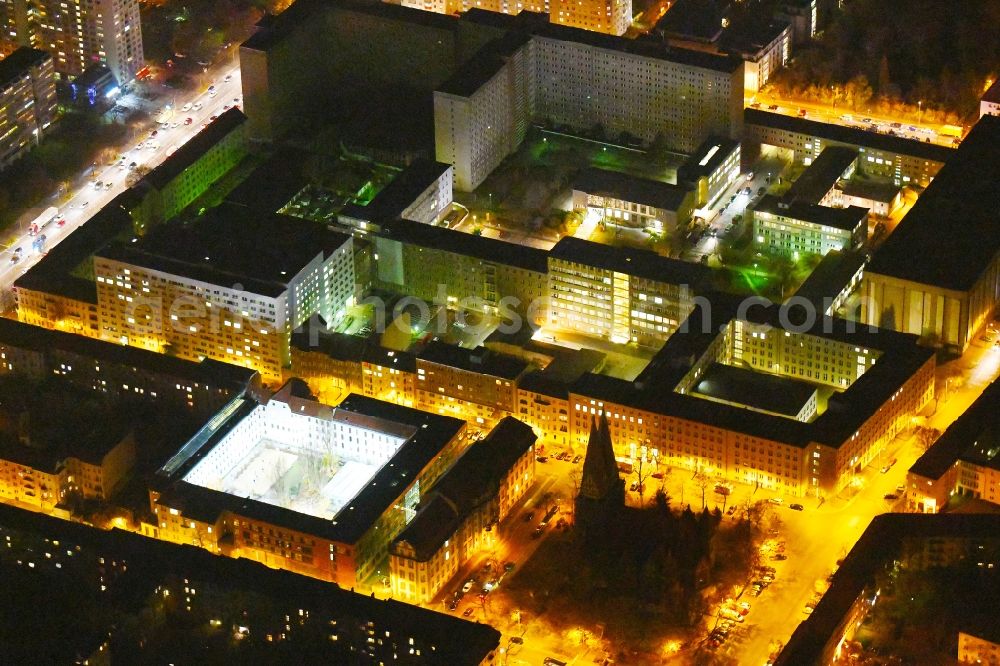 Berlin at night from above - Night lighting Building complex of the Memorial of the former Stasi Ministry for State Security of the GDR in the Ruschestrasse in Berlin Lichtenberg