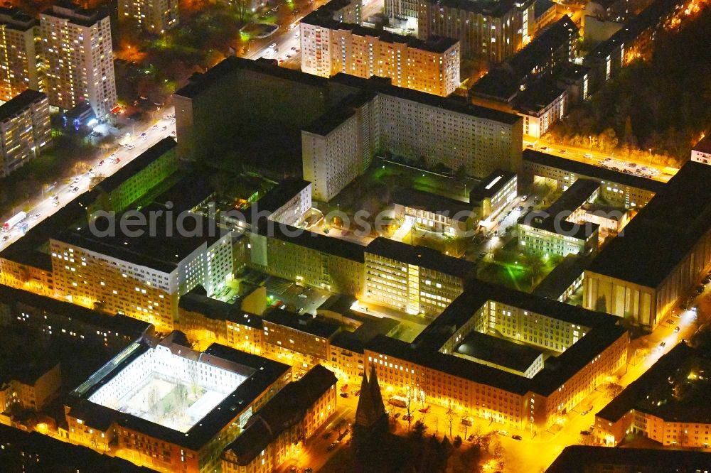 Berlin at night from the bird perspective: Night lighting Building complex of the Memorial of the former Stasi Ministry for State Security of the GDR in the Ruschestrasse in Berlin Lichtenberg