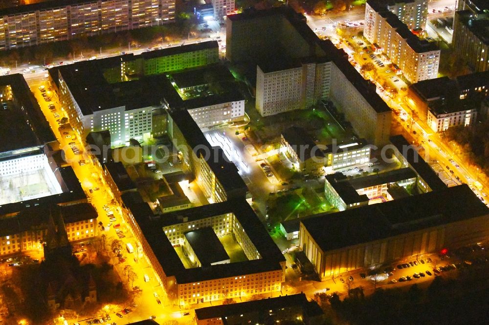 Berlin at night from above - Night lighting Building complex of the Memorial of the former Stasi Ministry for State Security of the GDR in the Ruschestrasse in Berlin Lichtenberg