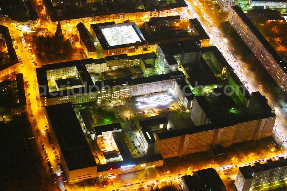 Aerial photograph at night Berlin - Night lighting Building complex of the Memorial of the former Stasi Ministry for State Security of the GDR in the Ruschestrasse in Berlin Lichtenberg