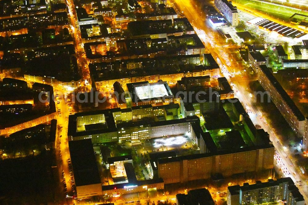 Berlin at night from the bird perspective: Night lighting Building complex of the Memorial of the former Stasi Ministry for State Security of the GDR in the Ruschestrasse in Berlin Lichtenberg