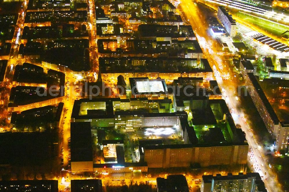 Aerial photograph at night Berlin - Night lighting Building complex of the Memorial of the former Stasi Ministry for State Security of the GDR in the Ruschestrasse in Berlin Lichtenberg