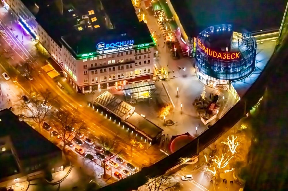 Aerial photograph at night Bochum - Night lighting the grounds of the Bermuda Triangle in Bochum's entertainment district with restaurants and clubs in the city