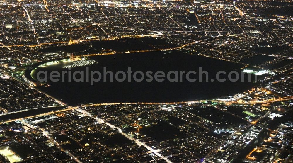 Aerial image at night Berlin - Night lighting Premises of the former airport Berlin-Tempelhof Tempelhofer Freiheit in the Tempelhof part of Berlin, Germany