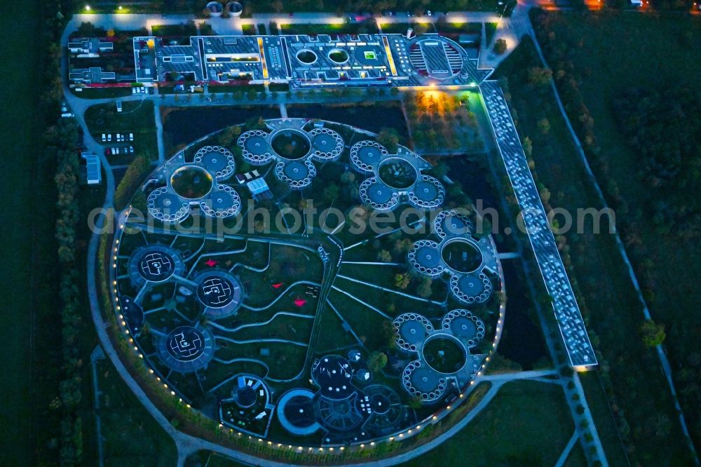 Berlin at night from above - Night lighting site of the animal shelter, also known as the city of animals, destrict Hohenschoenhausen in Berlin in Germany