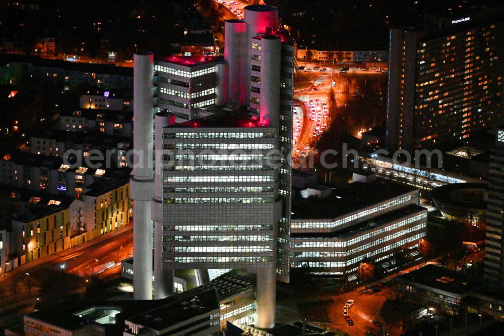 München at night from above - Night lighting high-rise building of HVB - UniCredit Bank and Sheraton Munich Arabellapark Hotel in the district of Bogenhausen in Munich in the state Bavaria, Germany