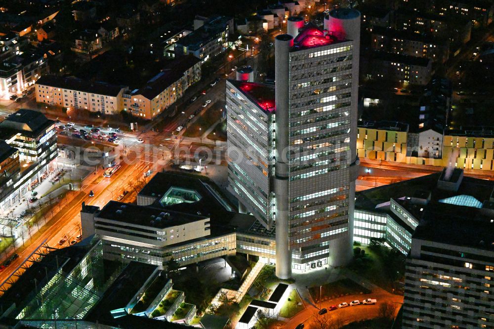 Aerial image at night München - Night lighting high-rise building of HVB - UniCredit Bank and Sheraton Munich Arabellapark Hotel in the district of Bogenhausen in Munich in the state Bavaria, Germany