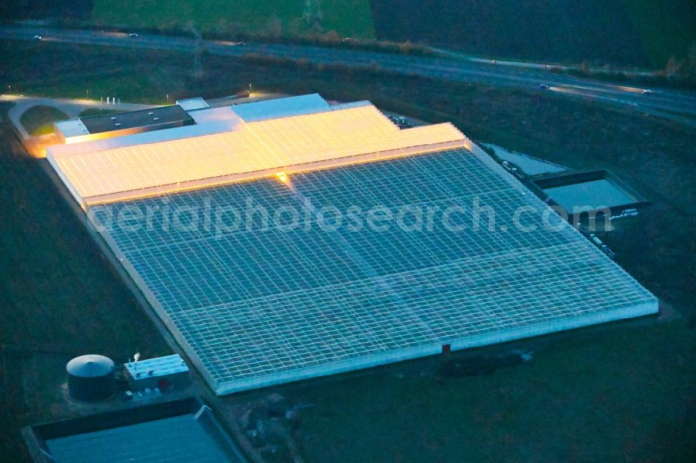 Osterweddingen at night from above - Night lighting glass roof surfaces in the greenhouse for vegetable growing ranks on Appendorfer Weg in Osterweddingen in the state Saxony-Anhalt, Germany
