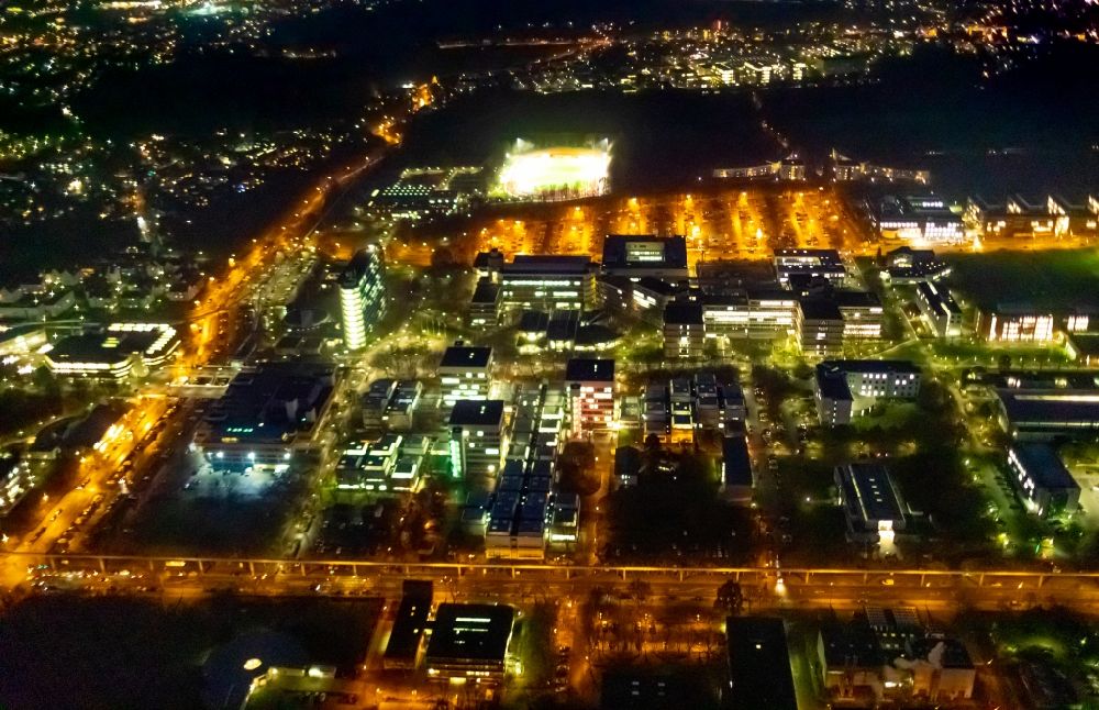 Dortmund at night from above - Night lighting industrial park TechnologiePark Dortmund in Dortmund in the state North Rhine-Westphalia, Germany