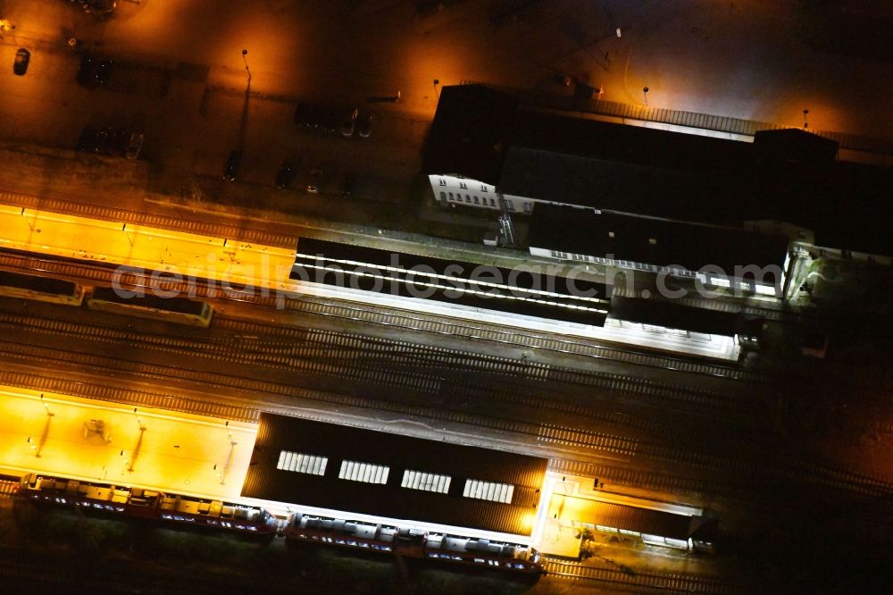 Angermünde at night from above - Night lighting Station railway building of the Deutsche Bahn in Angermuende in the state Brandenburg, Germany