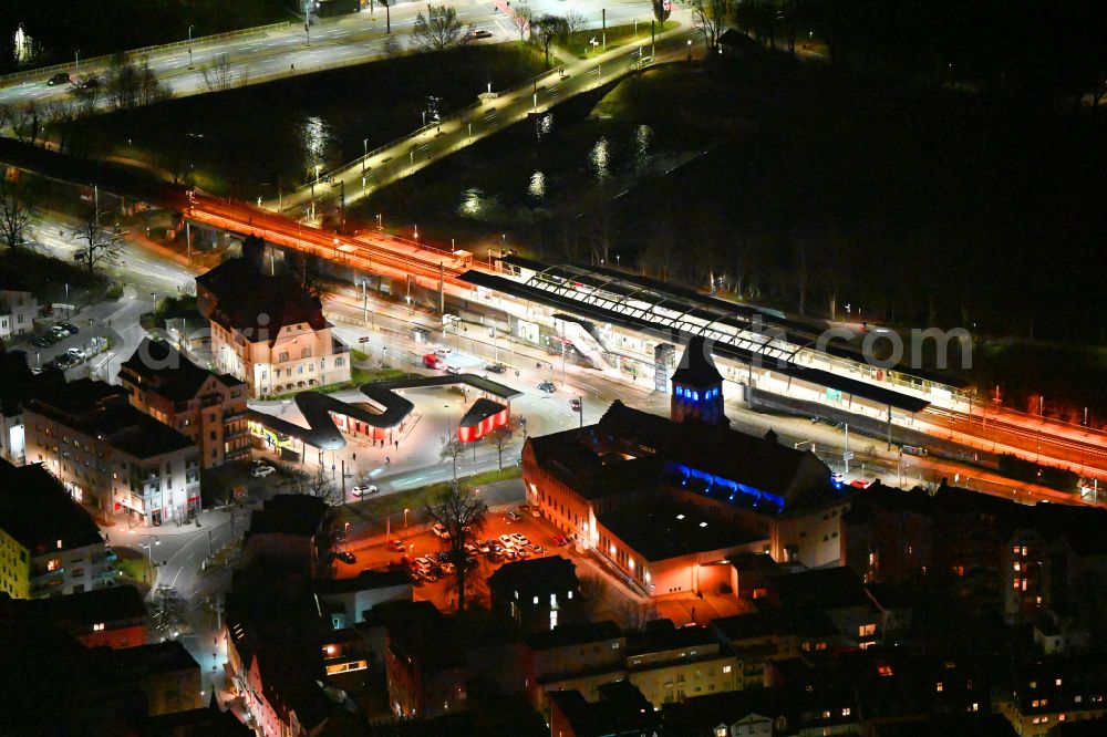 Jena at night from above - Night lighting station railway building of the Deutsche Bahn Paradiesbahnhof in Jena in the state Thuringia, Germany