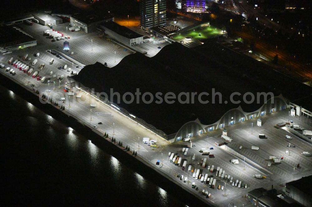 Aerial image at night Hamburg - Night lighting Building of the wholesale center for flowers, fruits and vegetables in Hamburg, Germany