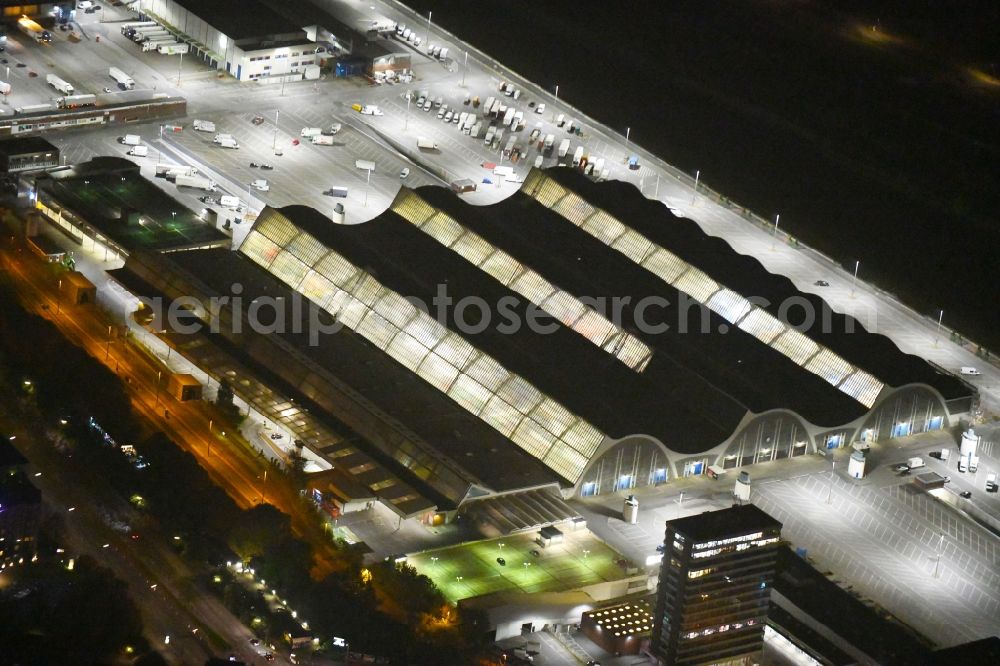 Aerial image at night Hamburg - Night lighting Building of the wholesale center for flowers, fruits and vegetables in Hamburg, Germany