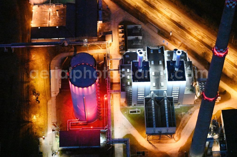 Schwerin at night from above - Night lighting combined cycle power plant with gas and steam turbine systems on Pampower Strasse in the district Krebsfoerden in Schwerin in the state Mecklenburg - Western Pomerania, Germany
