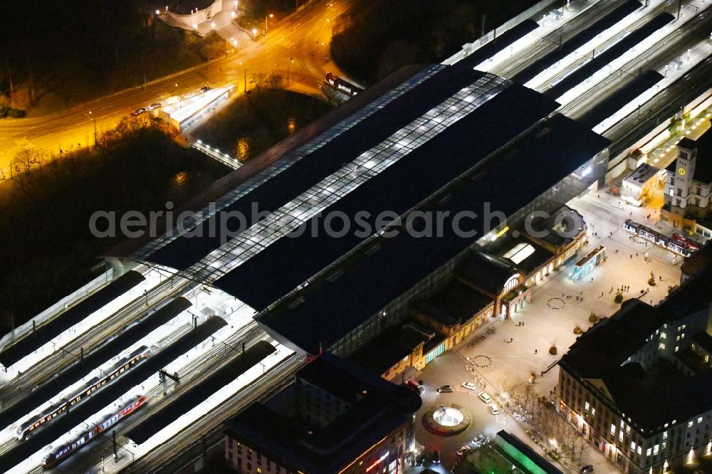 Erfurt at night from above - Night lighting track progress and building of the main station of the railway in Erfurt in the state Thuringia, Germany