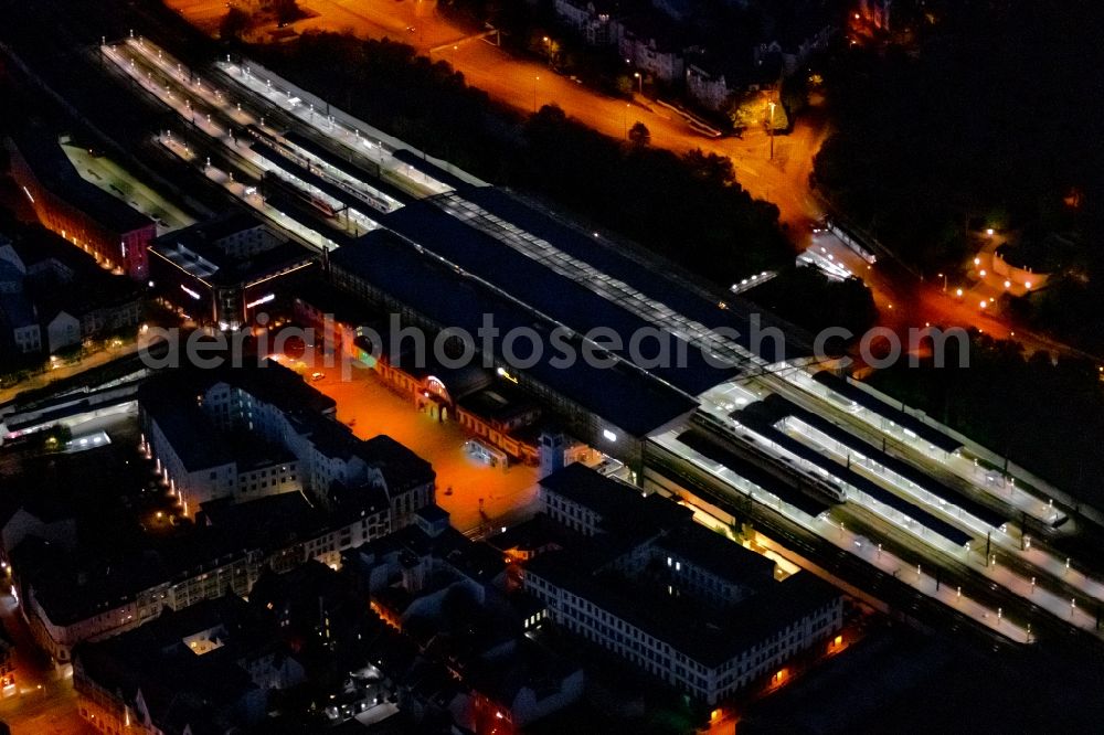 Erfurt at night from above - Night lighting track progress and building of the main station of the railway in Erfurt in the state Thuringia, Germany