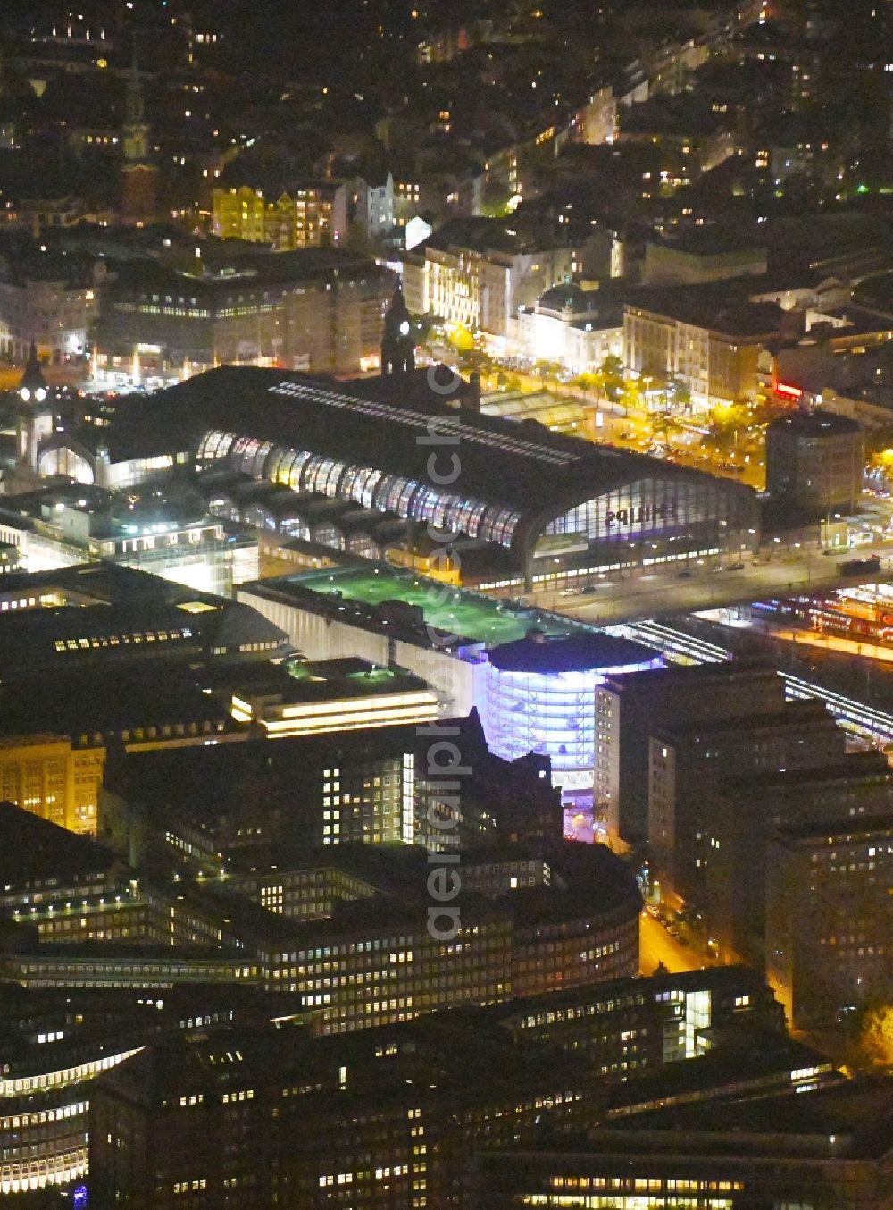 Hamburg at night from above - Night lighting Track progress and building of the main station of the railway in Hamburg, Germany