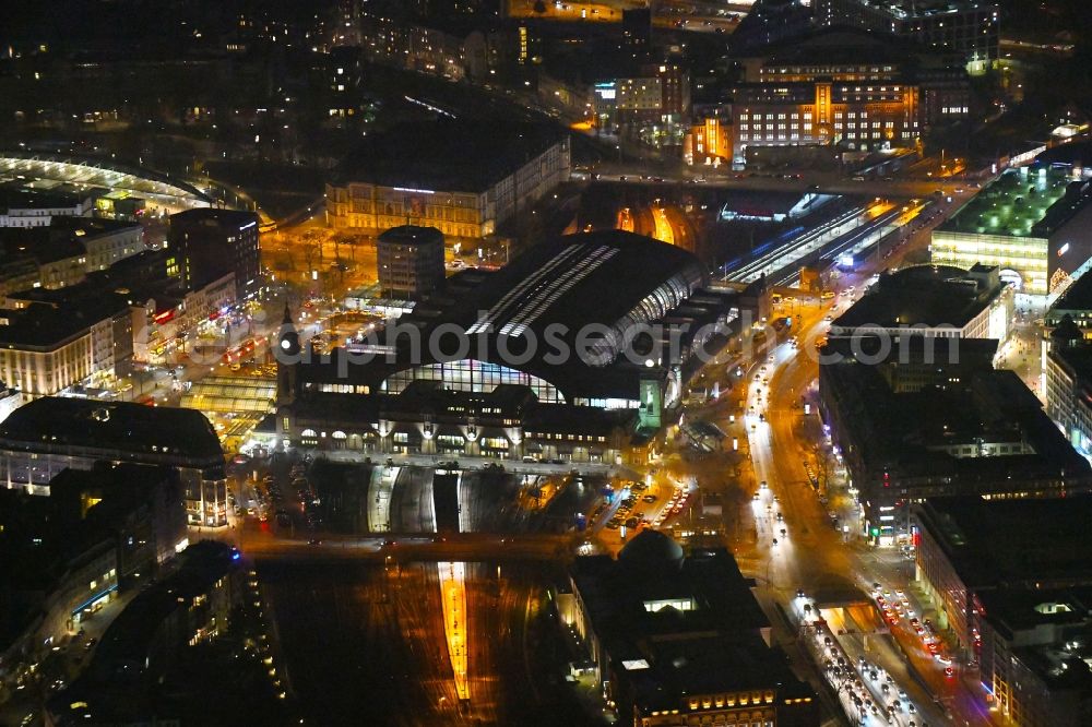 Hamburg at night from above - Night lighting track progress and building of the main station of the railway in Hamburg, Germany