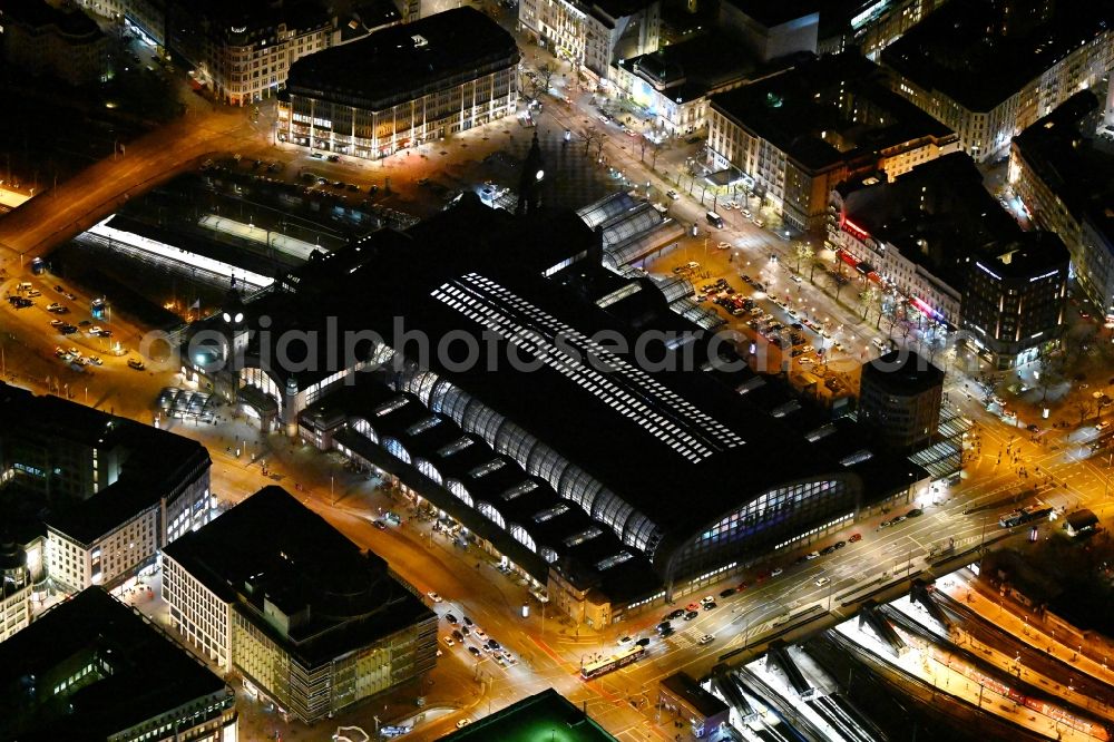 Hamburg at night from above - Night lighting track progress and building of the main station of the railway in the district Sankt Georgen in Hamburg, Germany