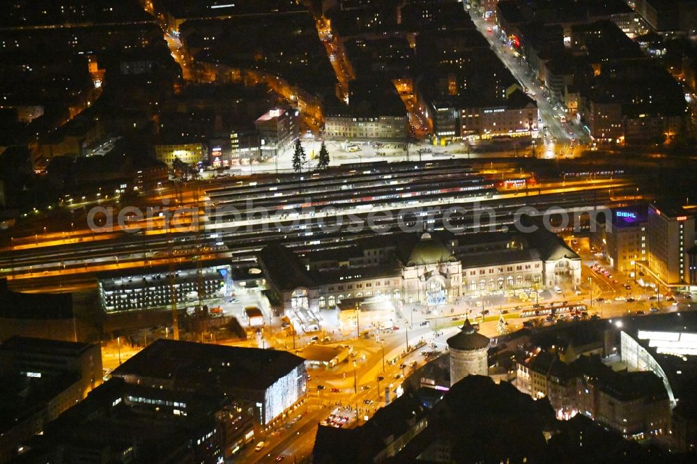 Nürnberg at night from above - Night lighting Track progress and building of the main station of the railway in the district Tafelhof in Nuremberg in the state Bavaria, Germany