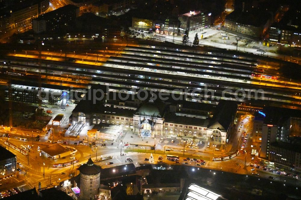 Aerial image at night Nürnberg - Night lighting Track progress and building of the main station of the railway in the district Tafelhof in Nuremberg in the state Bavaria, Germany