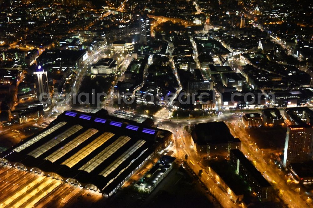 Leipzig at night from above - View of the Leipzig Central Station and the shopping center in the walkways to the station
