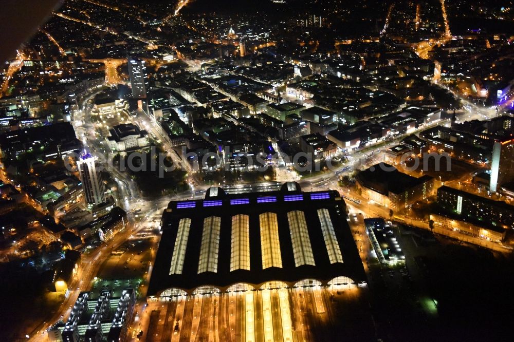 Aerial image at night Leipzig - View of the Leipzig Central Station and the shopping center in the walkways to the station
