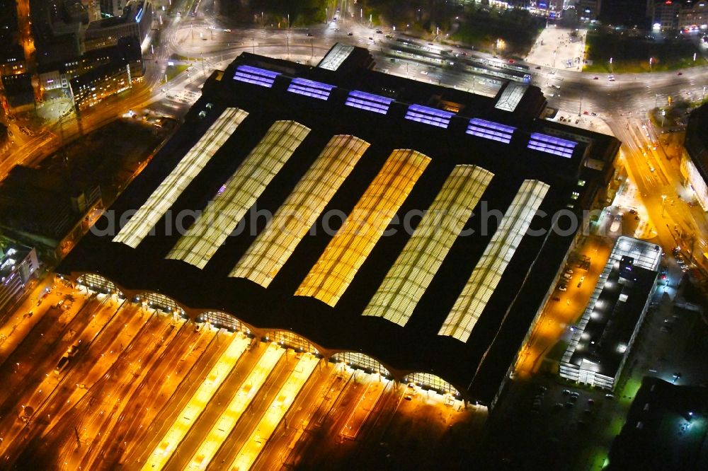 Leipzig at night from above - Night lighting view over the building of the main station in Leipzig in Saxony