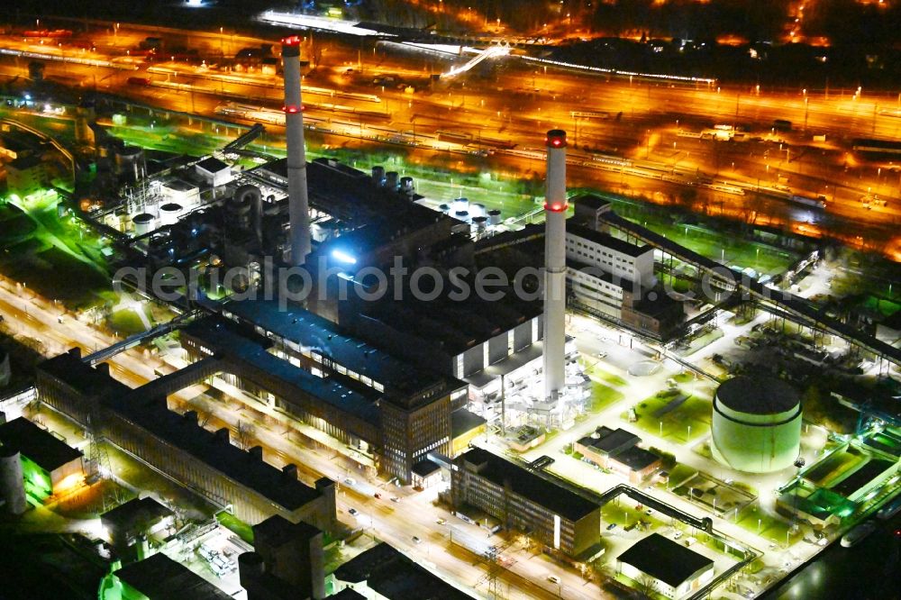 Berlin at night from above - Night lighting combined heat and power station plant Klingenberg on Koepenicker Chaussee in Berlin-Rummelsburg
