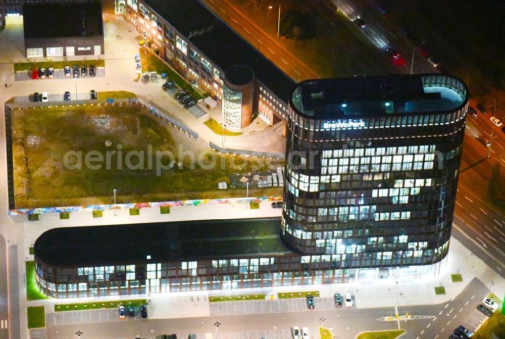 Aerial image at night Braunschweig - Night lighting Building of the skyscraper at BRAWOPARK of the Volksbank in Braunschweig in the state Lower Saxony