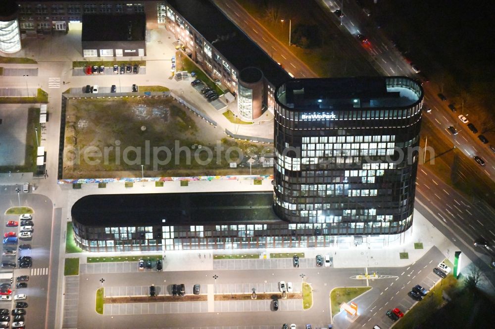Braunschweig at night from above - Night lighting Building of the skyscraper at BRAWOPARK of the Volksbank in Braunschweig in the state Lower Saxony