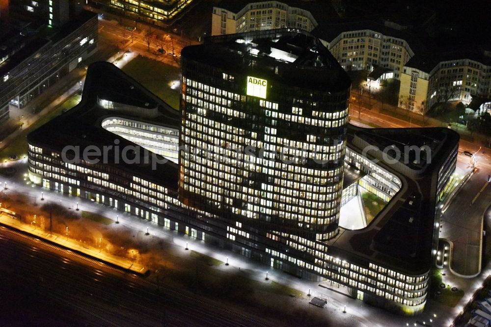 München at night from above - Night lighting High-rise ensemble of ADAC Zentrale in the district Sendling-Westpark in Munich in the state Bavaria, Germany