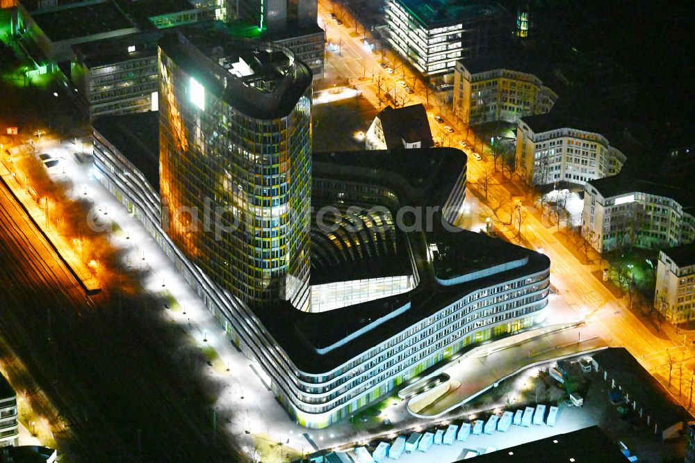 München at night from above - Night lighting high-rise ensemble of ADAC Zentrale on street Hansastrasse in the district Sendling-Westpark in Munich in the state Bavaria, Germany